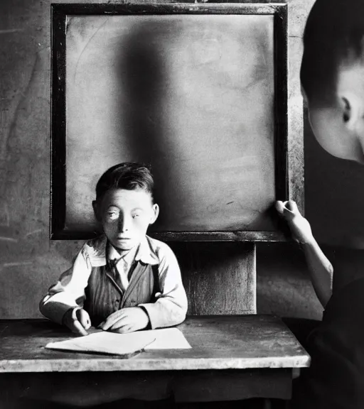 Image similar to photograph of a child at the blackboard , the teacher looks at him , 1950s , photograph by Erwin Olaf,-W 1024