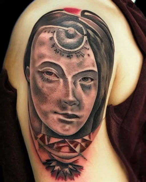 Prompt: renaissance head with planets tattoo design, hyper - realistic, in the style of tony santos