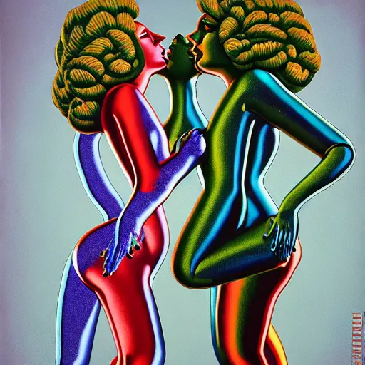 Image similar to portrait of two astro grils in tight latex suit kissing each other by Andy warhol and Petros Afshar and Beeple, Edward Hopper and James Gilleard, Zdzislaw Beksinski, Mark Ryden, Wolfgang Lettl highly detailed