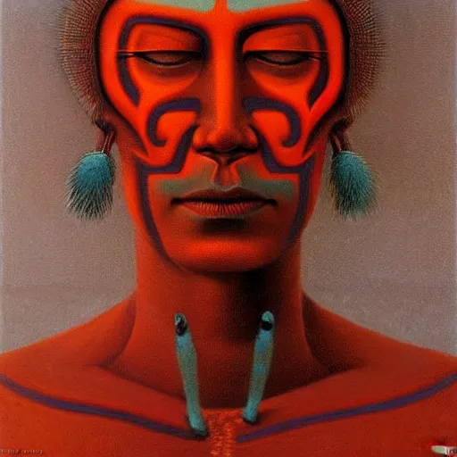 Image similar to symmetric portrait of indigenous warrior, turquoise and orange. realistic. high detail.by zdzisław beksiński