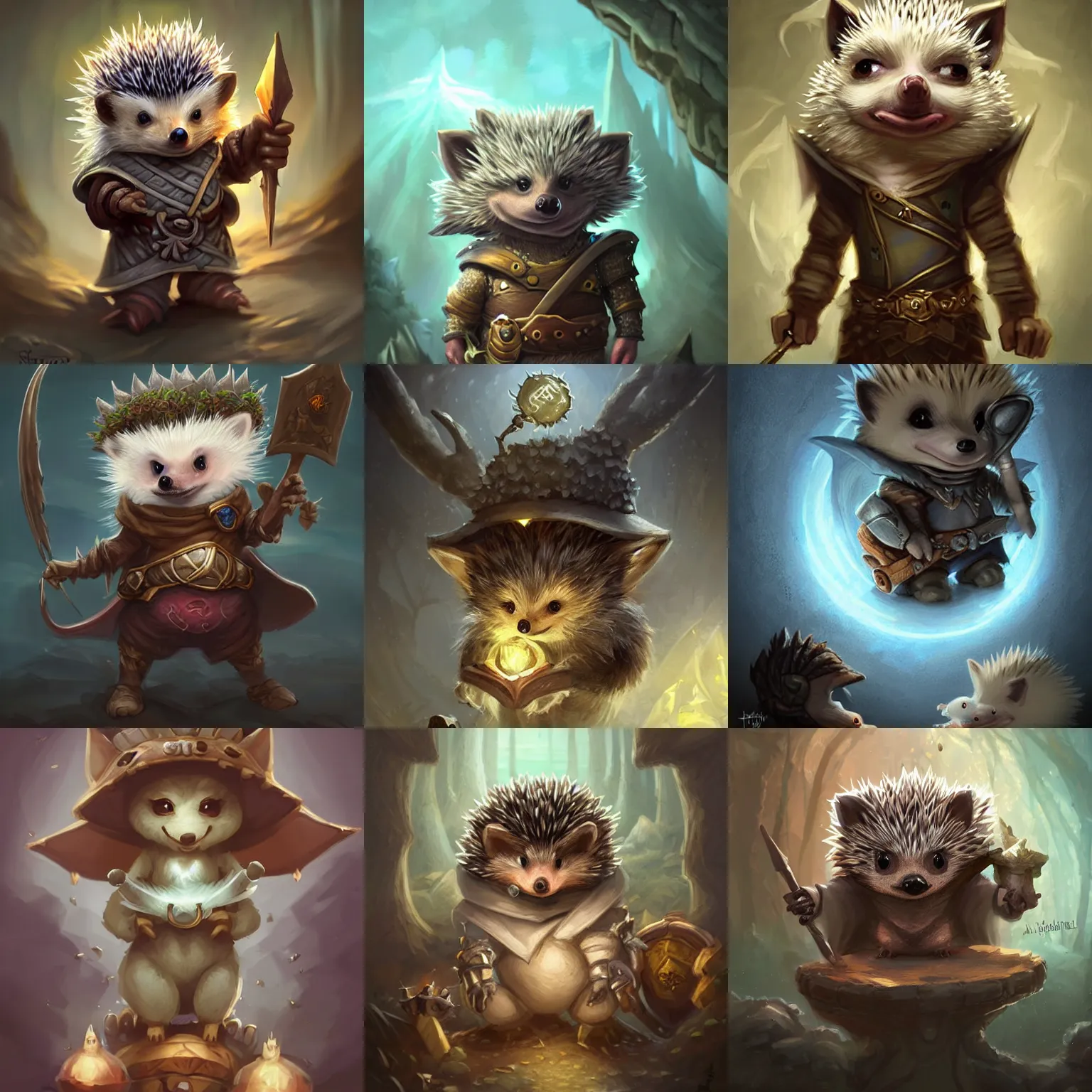 Prompt: cute little anthropomorphic hedgehog wizard, tiny, small, miniature animal, baby animal, short, pale black armor, cute and adorable, pretty, beautiful, DnD character art portrait, matte fantasy painting, DeviantArt Artstation, by Jason Felix by Steve Argyle by Tyler Jacobson by Peter Mohrbacher, cinematic lighting