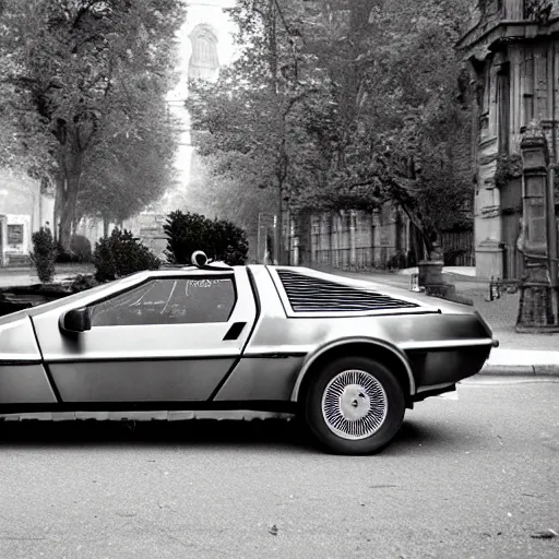 Prompt: DeLorean parked next to 1910s car along a French boulevard, salted paper print