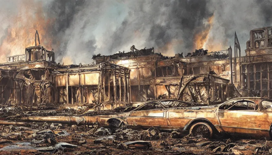 Image similar to A detailed render of a post apocalyptic scene of the whitehouse ruined and devastated by fires, burned down rusty Moscow buses in flood water, sci-fi concept art, by Syd Mead, highly detailed, oil on canvas