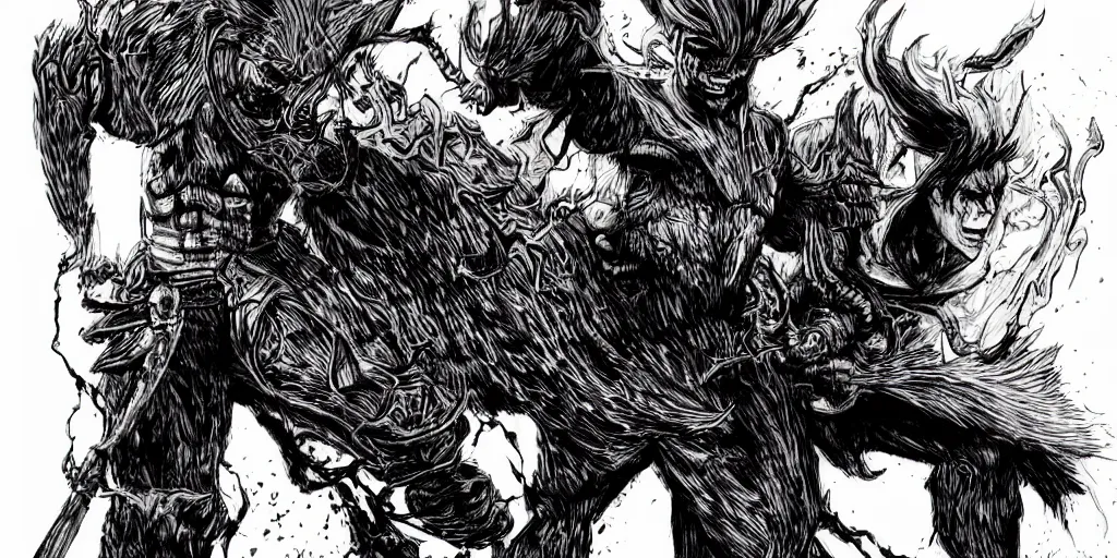 Prompt: Guts from the Berserk manga fighting a demon, manga style, high-detailed illustration