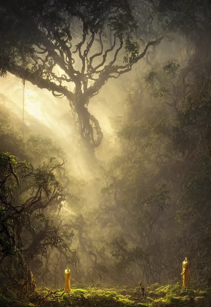 Prompt: an giant ancient golden statue of egyptian god of the sun in a strange mystical jungle surrounded by mist, accurate to egyptian tradition, aged and overgrowth of vines, symmetrical statue, small human in foreground, light rays breaking through tree canopy, dynamic lighting, emotional, hyper detailed, art by christophe vacher