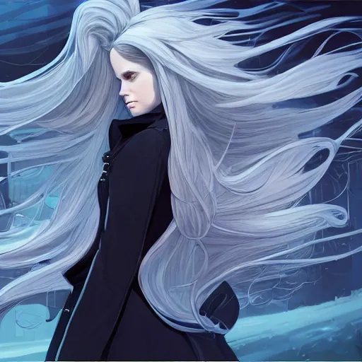 Image similar to low - angle shot from behind of a long blue - haired girl in a tailcoat overlooking demacia, combat boots, noir, screenshot, sharp focus, intricate, illustration, cell shaded, digital painting, highly detailed, straight hair, art by ilya kuvshinov, wlop, greg rutkowski, studio quality, james jean