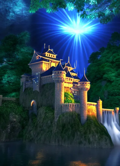 Prompt: magical castle, waterfall, river, nighttime, scenery wallpaper aesthetic, anime style, first person view, beautiful, cinematic, dramatic, super detailed and intricate, hyper realistic, 4 k render, by kentaro miura, by koson ohara, by darwyn cooke