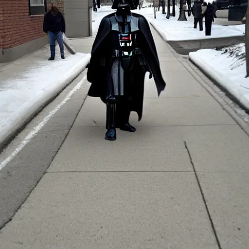 Image similar to darth vader waling on the streets of winnipeg