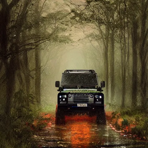 Image similar to a landrover crossing a forest path while its raining, digital art, artstation, photgraphy, highly detailed, digital painting, artstation, concept art, sharp focus, illustration, art by greg rutkowski and artgerm