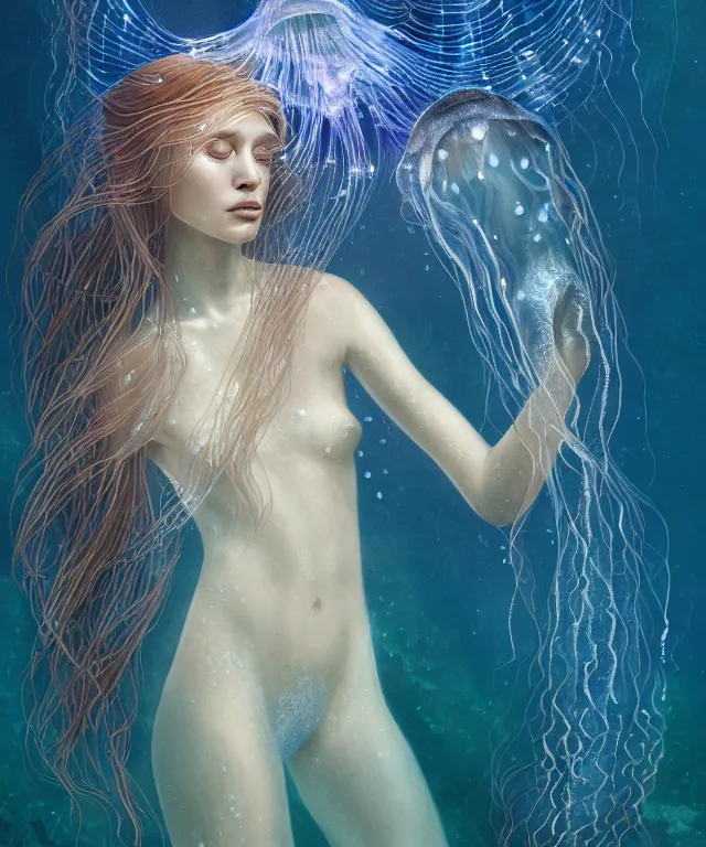 Image similar to underwater portrait of a goddess mermaid with (reaction diffusion) scaled fish skin Bioluminescent phoenix jellyfish, energy rays, Her breath shot a haze of steam out into the frosty morning air concept, soft light, soft mood, realistic body features and face, illustration,intricate ornament halo, painting oil on canvas by Elena Zhurikhina and Goro Fujita and Charlie Bowater, octane render trending on artstation, 4k, 8k, HD