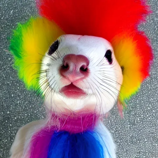 Image similar to ferret with clown makeup and rainbow clown wig