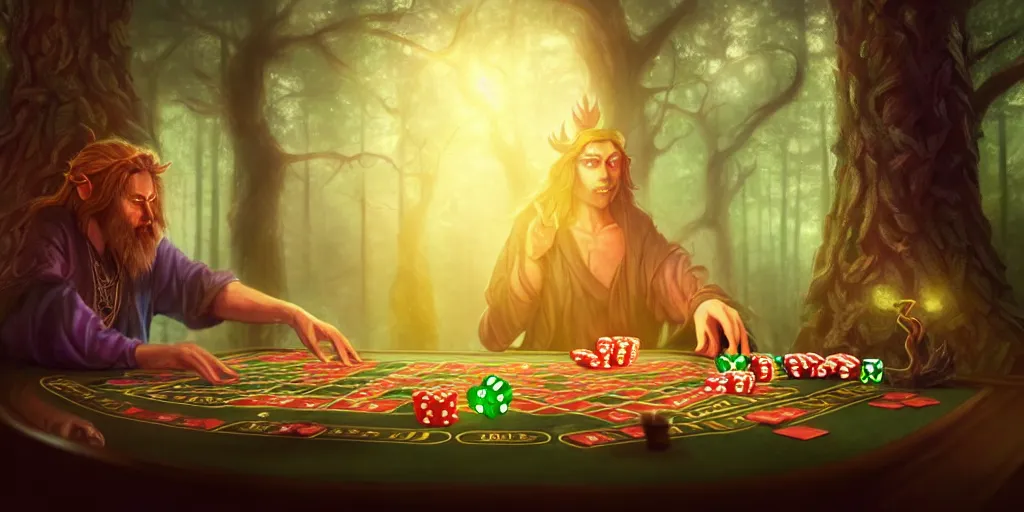 Prompt: a mythical, magical forest spirit wizard rolling d 6 casino dice, glowing energy, fantasy magic, by willian murai and jason chan and marco bucci, hyper detailed and realistic, illustration, sharp focus, cinematic, rule of thirds, foresthour