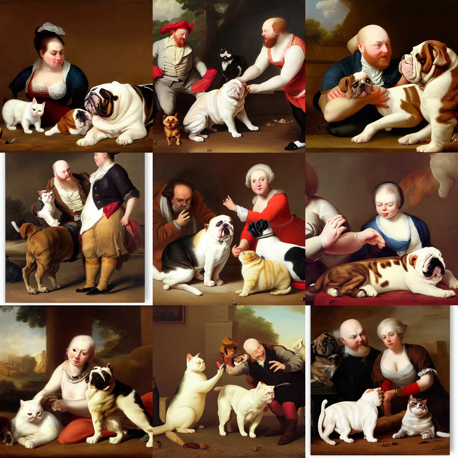 Prompt: playful portrait of angriestpat petting a very brown english bulldog and white cat by joseph ducreux