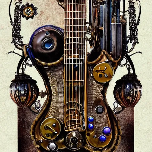 Image similar to photo of an eccentric steampunk electric guitar with ornaments, ultra realistic, mucha, art deco, art nouveau, neo goth, goth, cyberpunk