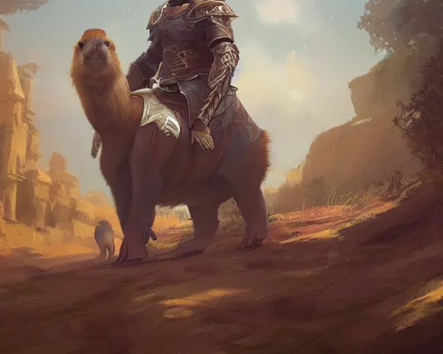 Prompt: A digital fantasy painting of a noble capybara in full paladin regalia, by greg rutkowski, trending on artstation