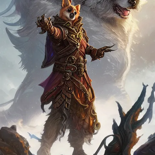 Prompt: d & d character art, a corgi thaumaturgist, arcane, magical, mystical, fantasy, intricate, extremely detailed, hyperrealistic, beautiful digital illustration, greg rutkowski, artgerm, hearthstone, world of warcraft, trending on artstation, 8 k