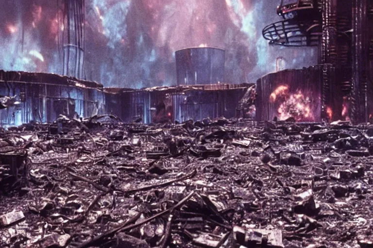 Image similar to An apocalyptic scene of the wonka chocolate factory destroyed after the alien invasion, 70mm Imax, Cinematic, Film Still, Directed by Michael bay