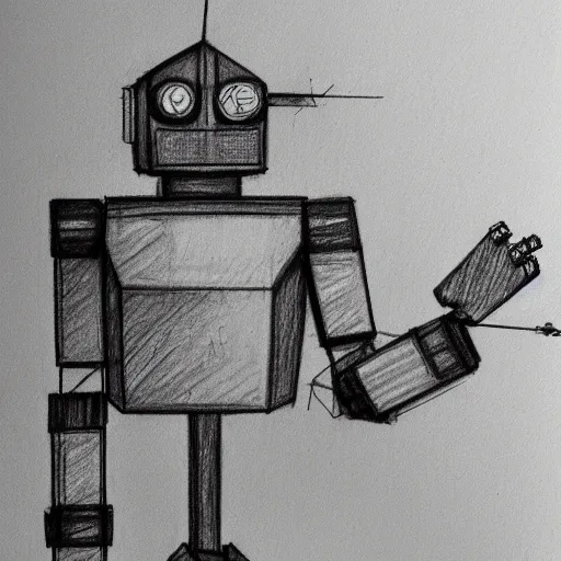 Image similar to pencil sketch of a awkard robot with joints that creak and a triangular head with 2 antenna