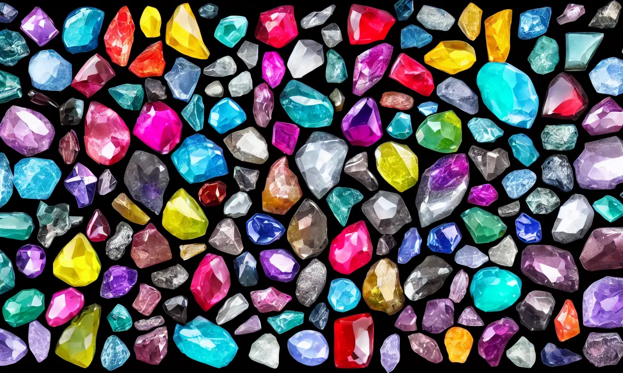 Prompt: material study, beautiful, colorful gemstones, sharp focus, highly detailed, 4 k, florescent, black background