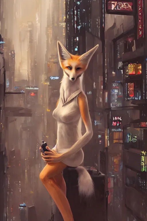 Image similar to award winning gorgeous portrait of a tall, beautiful white female anthro fox smoking a cigarette while towering head and shoulders above the bustling crowd of a rainy city street around her, cyberpunk clothes, harsh neon lights, highly detailed, sharp focus, digital painting, illustration, trending on artstation, art by sakimichan, wlop, greg rutkowski