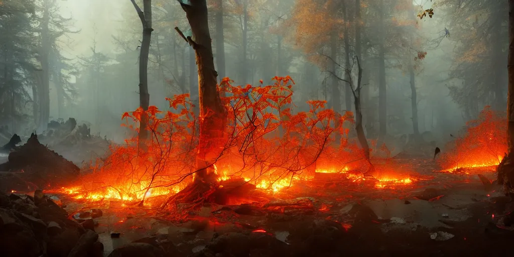 Prompt: A flaming forest , flaming leaves,Magma,flame stones are scattered, flame shrubs, covered in flame porcelain vine, artstation,by Jakub Rozalski, Greg Rutkowski,anthony avon