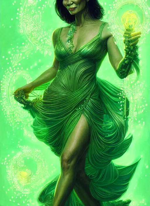 Prompt: lucy liu as green goddess, intricate, elegant, glowing lights, highly detailed, digital painting, artstation, full figure, glamor pose, concept art, smooth, sharp focus, illustration, art by artgerm and greg rutkowski, artey freytag