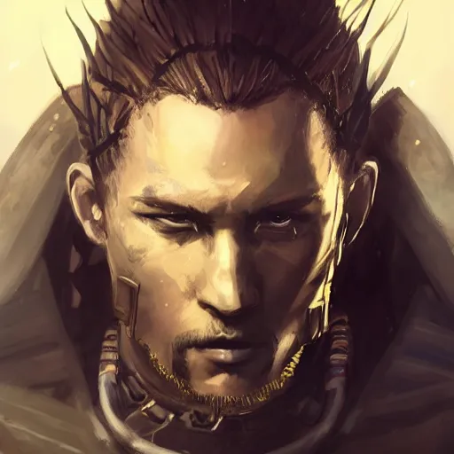 Prompt: Portrait of a man by Greg Rutkowski, a young, strong and hard-eyed warrior with brown hair with dreadlocks, wearing a futuristic tactical gear that looks like a mix between the samurai, viking and templar aesthetics, mix between tribal and hi-tech, highly detailed portrait, scifi, MMORPG, digital painting, artstation, concept art, smooth, sharp foccus ilustration, Artstation HQ