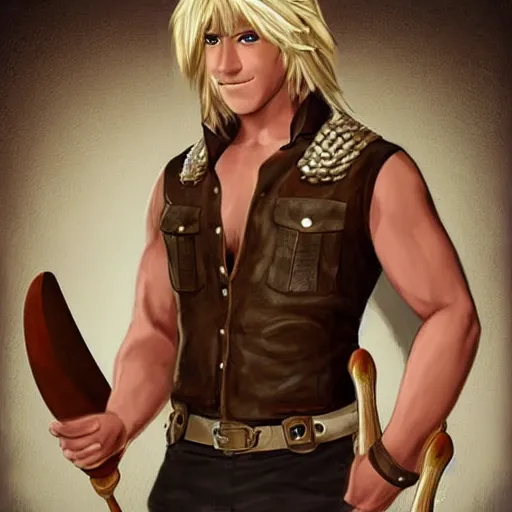 Image similar to a male ranger, dnd, wearing a leather vest and white linen pants, puka shell necklace, long swept back blond hair, with a bongo drum and nunchucks, chiseled good looks, digital art