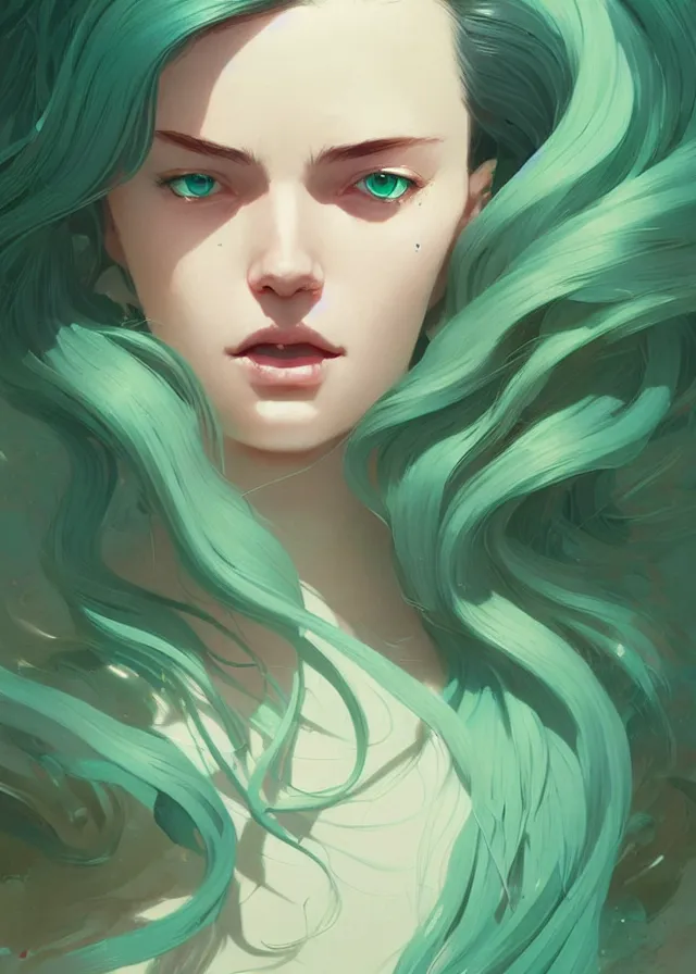 Image similar to beautiful artistic - wave highly detailed portrait female, front facing, long green hair, by atey ghailan, by greg rutkowski, by greg tocchini, by james gilleard, by joe fenton, by kaethe butcher, dynamic lighting, gradient light blue, brown, blonde cream and white color scheme, grunge aesthetic