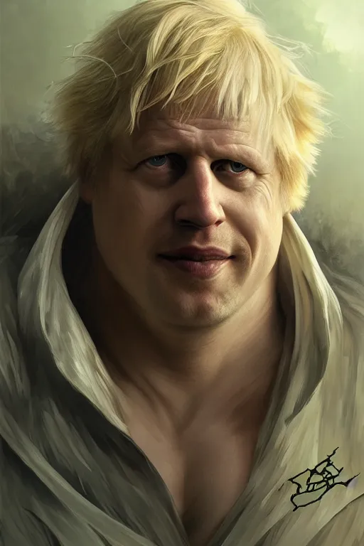 Image similar to portrait of boris johnson as a very pale hulking herculean demon, forest, godlike, full body, fantasy, intricate, elegant, highly detailed, digital painting, artstation, concept art, sharp focus, illustration, art by artgerm and greg rutkowski and alphonse mucha