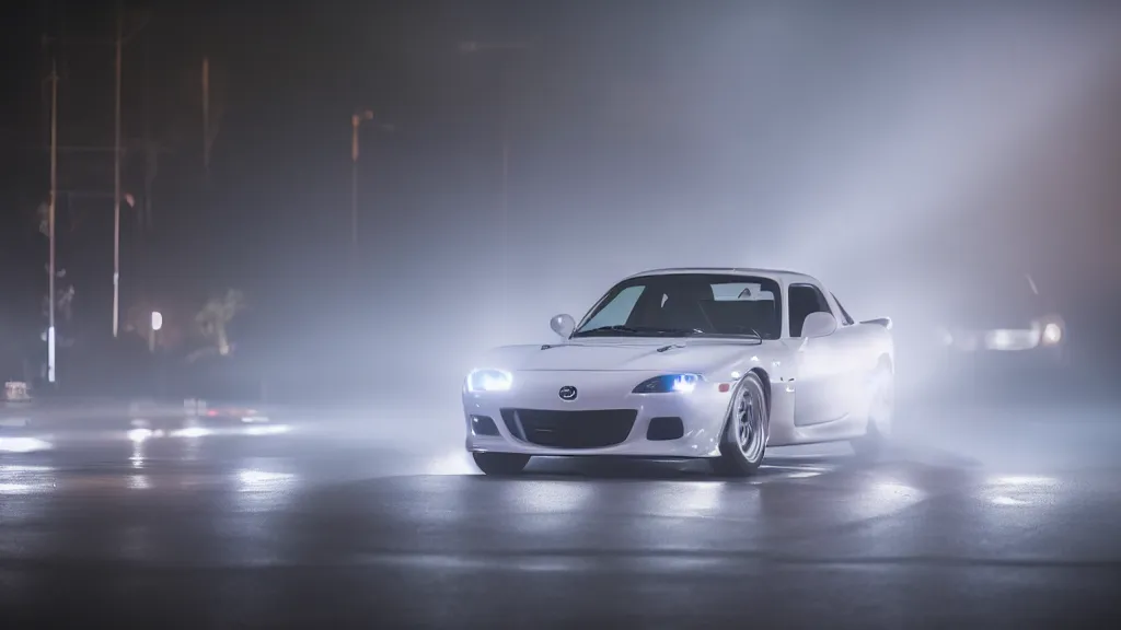 Image similar to a jdm mazda rx - 7, cinematic, long exposure, white balance, 8 k, led, lumen global illumination, fog, ray tracing reflections