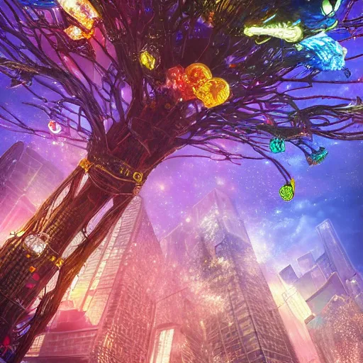 Prompt: an intricate colorful tree with glowing mechanical flowers and bugs in space, suspended in the air above a street of a sci - fi city made of gold and glass, matte painting, cinemati, dramatic atmosphere, detailed, atmospheric, wide angle, artstation trending