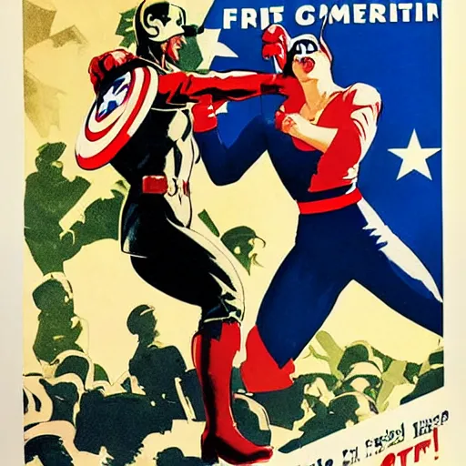 Image similar to female captain america punching hitler. wwii american propaganda poster by james gurney