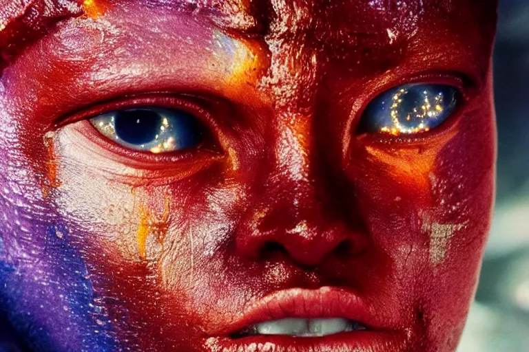 Image similar to VFX movie of a futuristic alien warrior closeup portrait in war zone, beautiful colorful skin and gills natural lighting by Emmanuel Lubezki