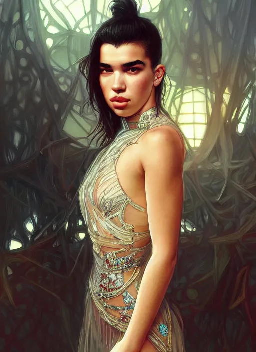 Prompt: dua lipa, wearing a semi transparent dress, deep focus, d & d, fantasy, intricate, elegant, highly detailed, digital painting, artstation, concept art, matte, sharp focus, illustration, hearthstone, art by artgerm and greg rutkowski and alphonse mucha