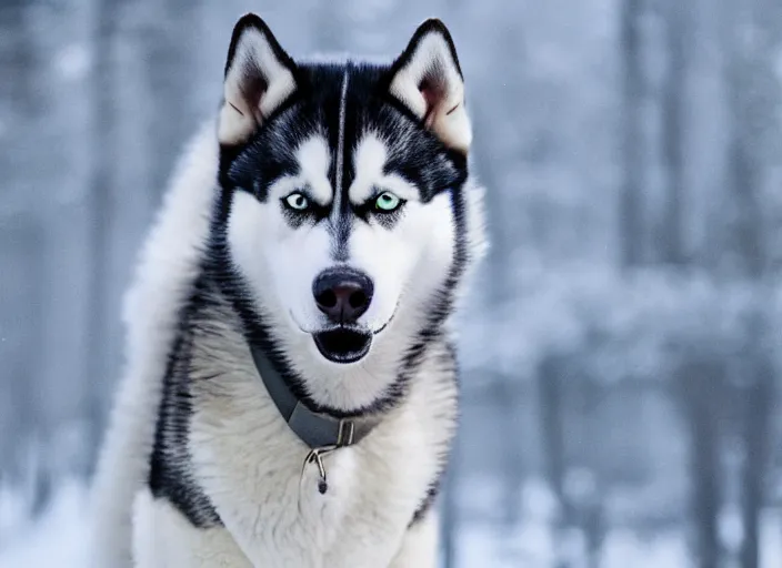 Image similar to film still of a husky in a white vest in the new sci - fi movie, 8 k