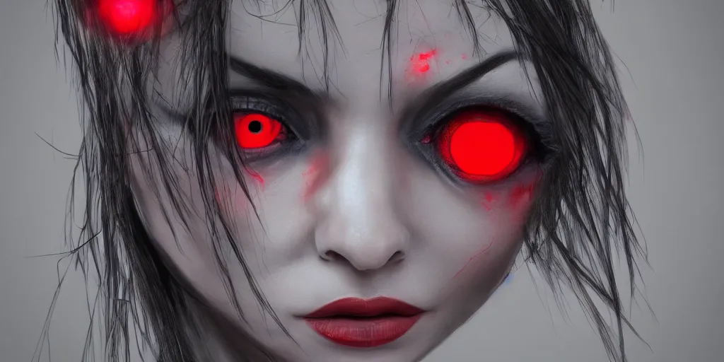 Image similar to realistic portrait of a witch woman with glowing red eyes, detailed, ultra realistic, 8 k