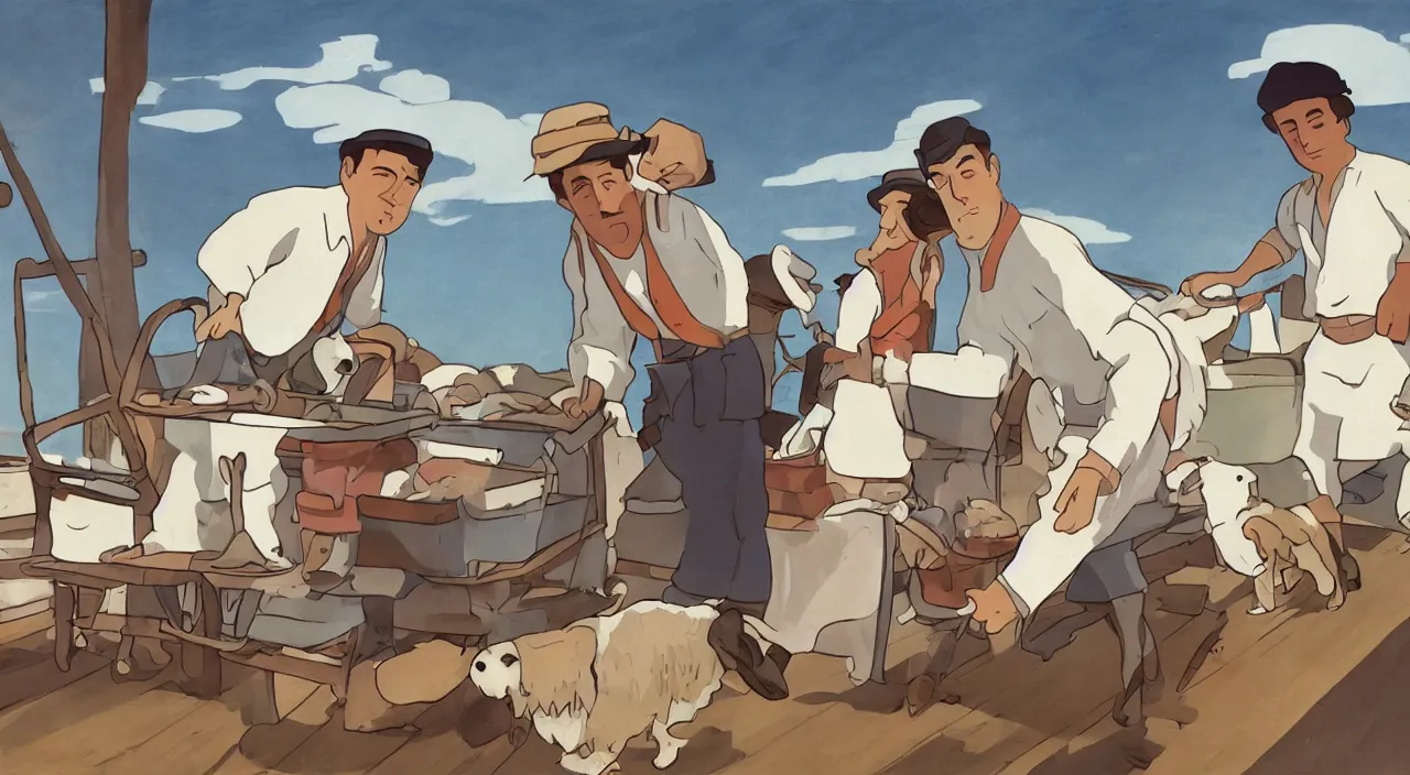 Prompt: ernest shackleton in a crisp white linen shirt and slacks, loading a cart with sausages and hams, havanese dogs running around the cart, cuba, 1 9 0 0, genndy tartakovsky, atey ghailan, goro fujita, studio ghibli, rim light, late morning lighting, clear focus, very coherent