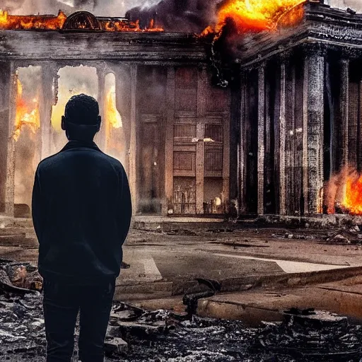 Prompt: the city is burning and fire is everywhere, palaces are collapsing world is getting destroyed just a man was standing alone crying while world is getting destroyed detailed picture HD