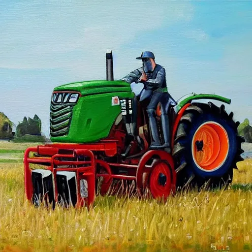 Image similar to a farmers tractor transforming into a Transformers robot, oil painting