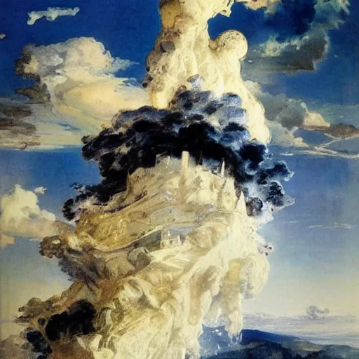 Image similar to A beautiful collage of a castle in the clouds. by Alexandre Cabanel, by Maggi Hambling energetic