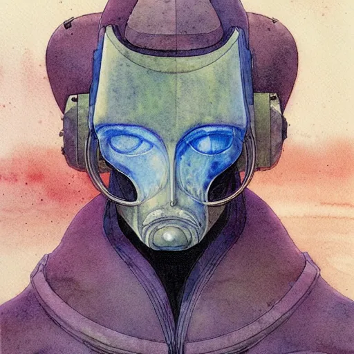 Image similar to a simple and atmospheric watercolour portrait of a pulp sci - fi alien commander, very muted colors, by rebecca guay, michael kaluta, charles vess and jean moebius giraud