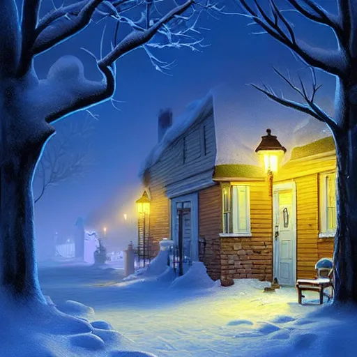 Prompt: street with cottage inspired by Evgeny Lushpin,winter,nighttime,cinematic,art station