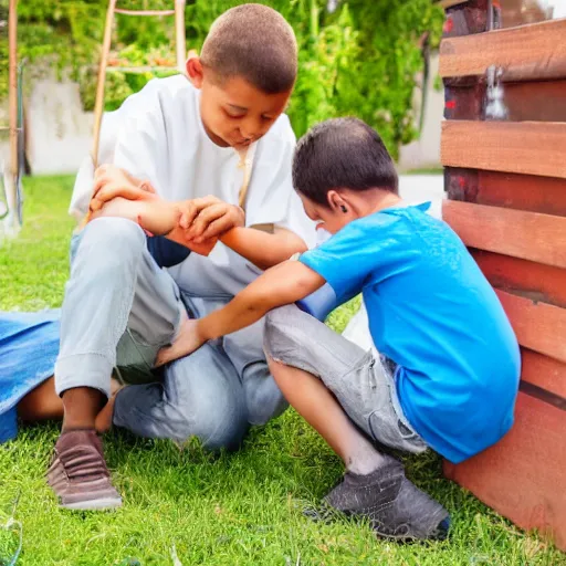 Image similar to a kid healing a mans wound, the man is sitting on a wooden chair