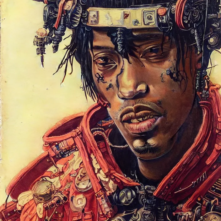 Image similar to a beautiful ukiyo painting of travis scott as a timepunk battle space pilot, wearing space techwear, detailed close up portrait, intricate complexity, concept art, by takato yamamoto, wlop, krenz cushart. cinematic dramatic atmosphere, sharp focus, digital full likeness art. center frame