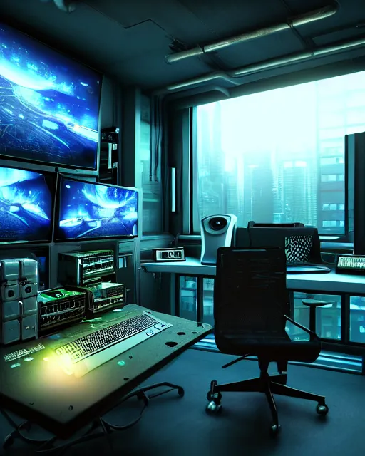 Image similar to artstation scifi scene of a complex computer workstation in a small studio apartment room, many monitors, many electronics, a window view, very detailed, maximalism, ambient occlusion, volumetric light, sun rays, atmospheric haze, unreal engine, hyper realism, realistic shading, cinematic composition, realistic render, octane render, detailed textures, photorealistic, wide shot