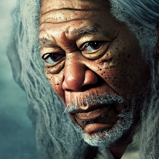 Prompt: morgan freeman starring as gandalf in lord of the rings, high detail shot, smoking, render, cgsociety, photorealism