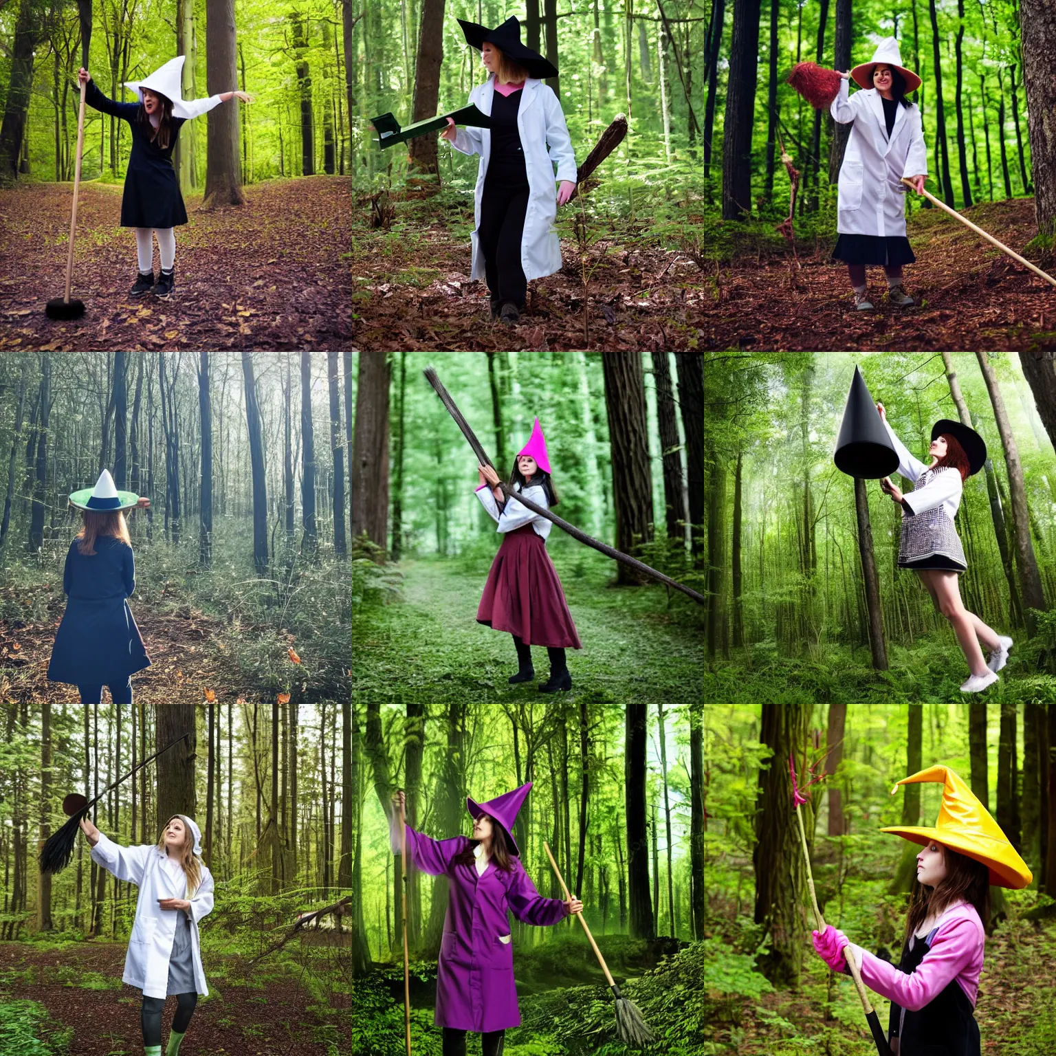 Prompt: girl in witch hat and lab coat in forest on a flying broom