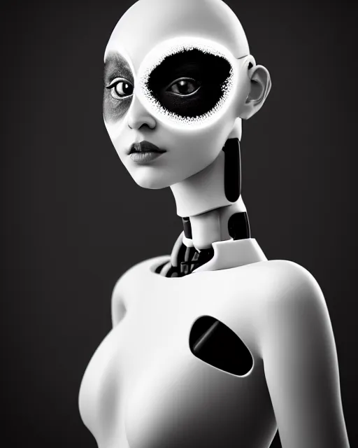 Image similar to surreal mythical dreamy dark artistic black and white fine art 3 / 4 fashion portrait photo of a young beautiful delicate female robot with orchid - owl face, rim light, cinematic, studio dramatic light, poetic, masterpiece, octane render, 8 k, photo - realistic by hg giger and man ray