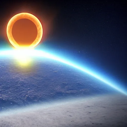 Image similar to hexagon sun shields floating above earth, unreal engine, digital art, solar eclipse, seen from earth